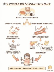 タンパク質不足のランチが代謝ダウンと脂肪蓄積を招く仕組みの図解