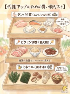 代謝アップに効果的なタンパク質・ビタミン・ミネラルを含む食材リストの図解
