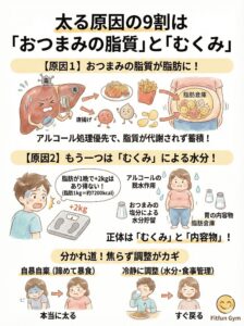 飲み会太りの9割は水分とむくみであることの解説図解