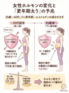 更年期における女性ホルモンの減少と脂肪の付き方の変化図解