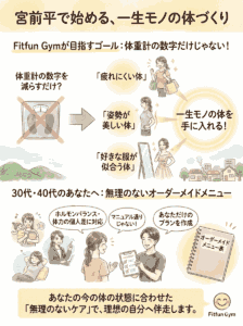 Fitfun Gym宮前平店でのオーダーメイドメニューによる一生モノの体づくりのイメージ