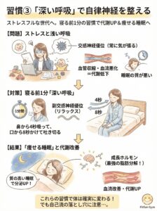 深い呼吸で自律神経を整え睡眠中の代謝を改善する習慣の図解