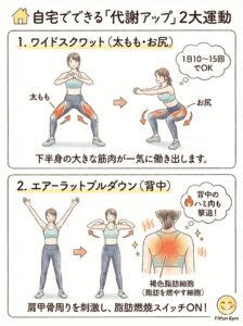 自宅でできる代謝アップ運動(ワイドスクワット・ラットプルダウン)の解説図解