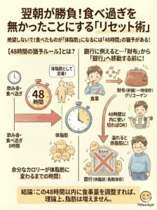 食べ過ぎたカロリーが脂肪になるまでの48時間の猶予期間のメカニズム図解