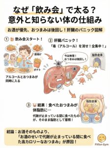 飲み会で太る理由:肝臓がアルコール分解を優先するメカニズム図解