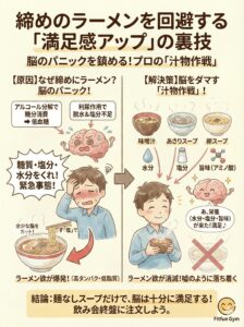 締めのラーメンを回避するための「汁物作戦」メカニズム図解
