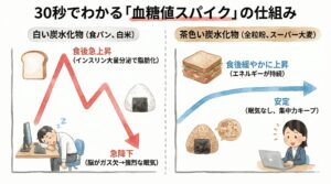 白い炭水化物と茶色い炭水化物による血糖値変化の違いを示すグラフ(血糖値スパイク)